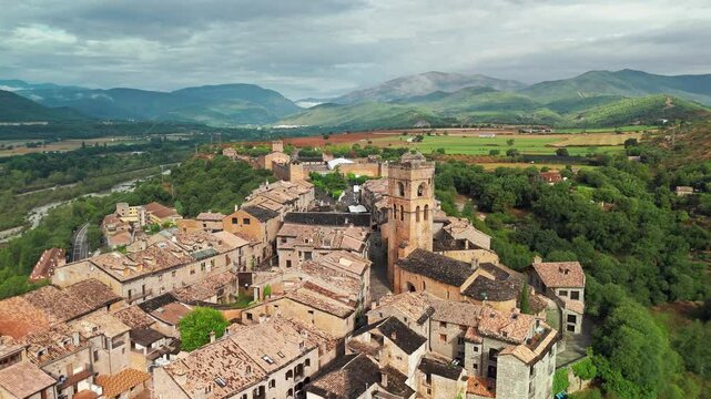 Aerial view of the old town of Ainsa in Huesca province, Spain