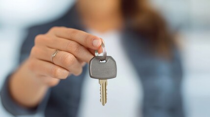 A person holding a key, representing ownership and access, on a blurred background.