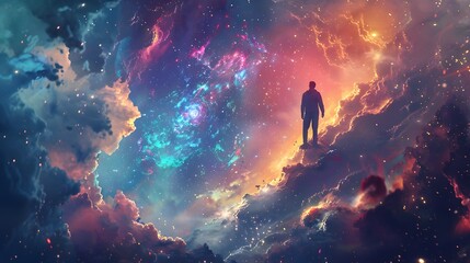 Obraz premium Solitary Wanderer Amid Cosmic Explosion in Ethereal Universe