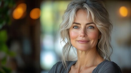 Obraz premium serene portrait of a middleaged woman with a gentle smile and natural makeup the soft light highlighting her features and the background blurred for intimacy
