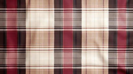 A textured fabric featuring a classic plaid pattern in warm tones of red, beige, and brown.