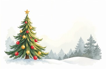 Obraz premium Decorated Christmas tree with wrapped gifts standing in the forest on the snow, New Year Eve, holiday card