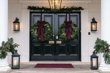 Beautiful and elegant front door entrance decoration at Christmas time 
