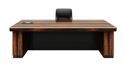 Stylish executive desk with a black chair, designed for modern workplaces, white isolated background.