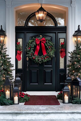 Beautiful and elegant front door entrance decoration at Christmas time 