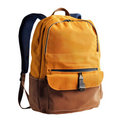 Stylish orange backpack with a brown base, perfect for school or travel, against a white isolated background.