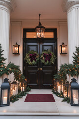 Beautiful and elegant front door entrance decoration at Christmas time 
