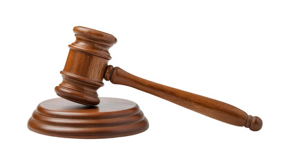 Wooden gavel on a round base, symbolizing justice and legal authority, on a white isolated background.
