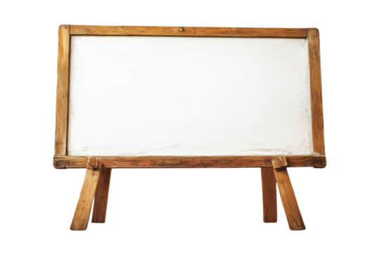Wooden easel with blank white board, ideal for presentations or artwork, isolated on white background.