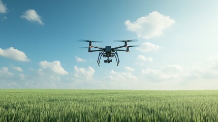 A drone equipped with a camera flies over a green field, showcasing the technology's potential for aerial photography, agriculture, and surveillance.