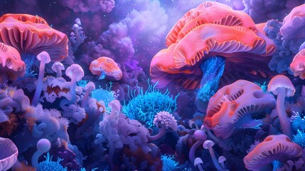 Obraz premium Vibrant Glowing Psychedelic Mushroom Forest in Surreal Fantasy Landscape