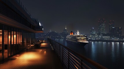 Fototapeta premium Cruise ship docked at modern city harbor at night.