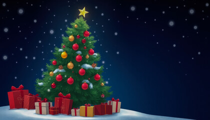 Christmas tree with gifts and falling snowflakes against dark blue background