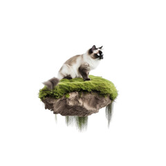 Cat Sitting on a Floating Rock with Green Moss