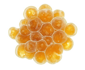Close-up of golden fish roe, showcasing its unique texture and vibrant color on a white isolated background.