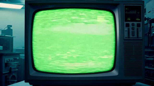 Vintage TV with a Green Screen and Static, Showing No Signal.