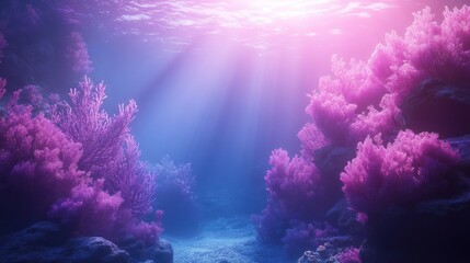Naklejka premium Underwater scene with pink coral reefs and sunbeams shining through the water.