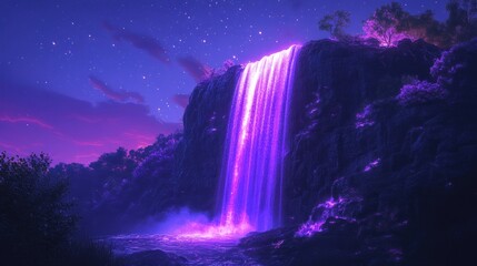 A majestic waterfall cascades down a cliff face, illuminated by a vibrant purple light.  The sky above is filled with stars and a soft pink glow from the setting sun.