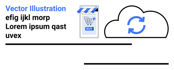 Mobile e-commerce storefront with cloud sync icon, blue accents. Ideal for tech integration, online shopping, global reach, cloud computing, digital transformation, business growth, and cybersecurity