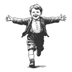 Obraz premium joyful young boy in classic attire running with open arms, capturing a sense of innocence, happiness, and excitement sketch engraving generative ai vector illustration. Black and white image.