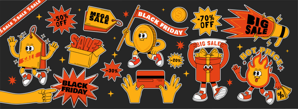 Retro sale shopping stickers. Black Friday characters. Vintage promotion, advertising, social media design. Funky groovy marketing visuals mascot vector patches