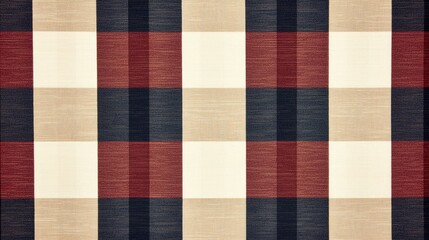 Textile pattern featuring a classic plaid design in red, navy, and beige colors, ideal for various creative projects.