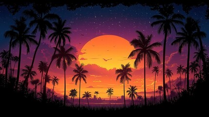 Obraz premium set of silhouetted palm trees against a striking sunset backdrop the vibrant hues of orange and purple blending seamlessly creating a tropical and serene mood