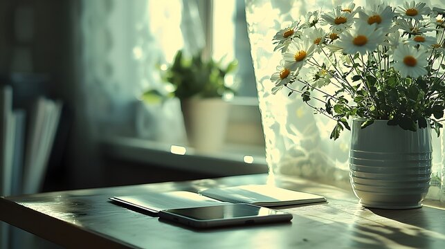 Close up view of a clean and organized desk setup featuring a laptop notepad and a small potted plant showcasing a minimalist and clutter free workspace design