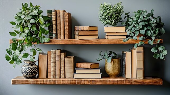 Close up view of a neatly arranged minimalist office shelf showcasing a clean and inspiring work environment with books plants and other decorative elements