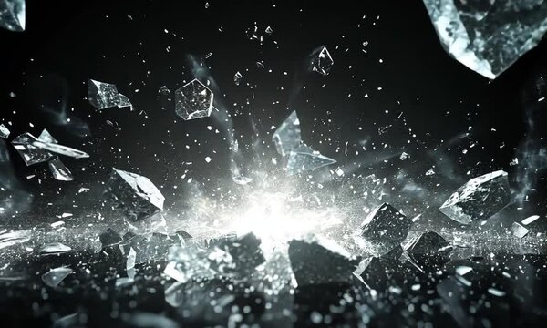 Dynamic explosion of rocks and particles against a dark background.