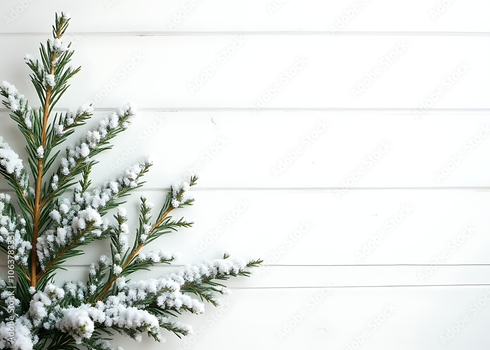 Poster winter scene of fir branches and gentle snowfall set against a simple wooden white background in a f
