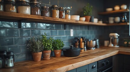 Cozy kitchen with herbs and jars, rustic style