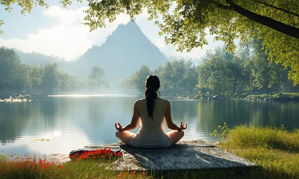 Serene figure meditating by a tranquil lake surrounded by nature.