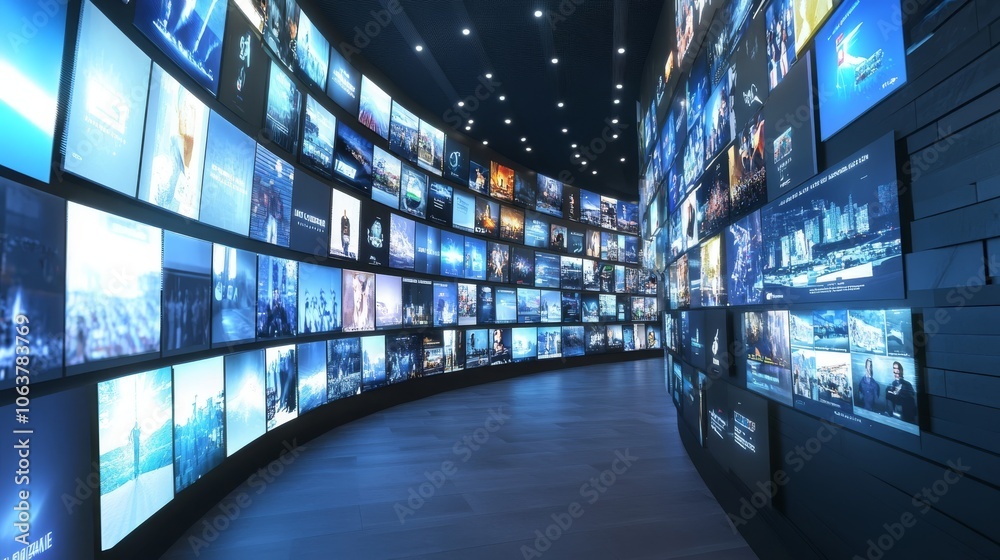 Poster an immersive multimedia streaming wall featuring an array of colorful, vibrant channel images, creat
