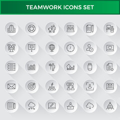 Teamwork linear icons collection. Set of coworking space icons. Business teamwork, team building, work group.