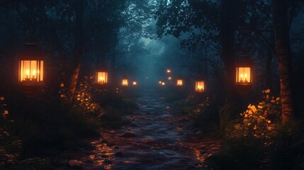 Naklejka premium A misty forest path lit by lanterns at night.