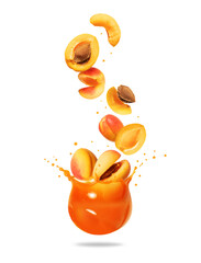 Whole and sliced apricots falling in splashes of juice isolated on white background