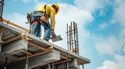 The safety officer is seen using a specialized tool to check the firmness and stability of the support beams on a partially constructed building.