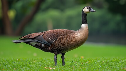 Fototapeta premium Chinese brown necked goose standing on a grassy land