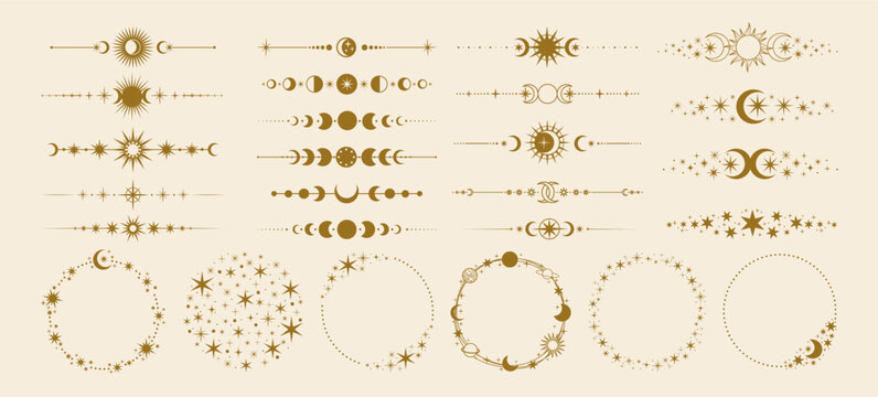 Celestial dividers. Decorative sun and moon border. Magic text decor divider and frame with astrology mystical stars, moon phase, shining sun. Fantasy vector elements