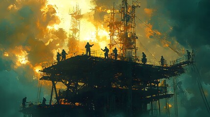 Coordinated Construction Crew Tackling Elevated Worksite with Focused Energy and Urgency   Construction workers communicating and collaborating to complete a challenging project amid dramatic