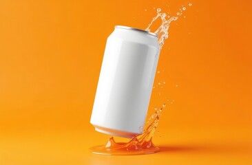 White Soda Can Splashing Against Bright Orange Background in Vibrant Motion