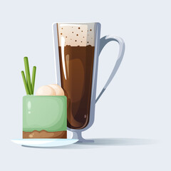 Hot coffee making design in a tall cup with vegetarian dessert. New Year's illustration of dessert with coffee and milk. Glass cup design with handle. Drink and food design