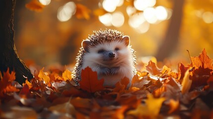 Obraz premium shy hedgehog nestled among colorful autumn leaves curling into a protective ball as golden sunlight filters through trees evoking a sense of coziness and safety