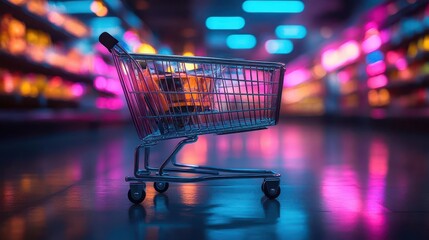 shopping cart filled with neoncolored items set in a vibrant modern store environment featuring ample copy space for promotional content creating an eyecatching and trendy shopping experience