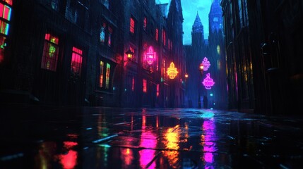 Fototapeta premium A solitary figure walks down a wet, cobblestone street in a city at night. Neon signs and streetlights cast a colorful glow on the buildings and puddles.