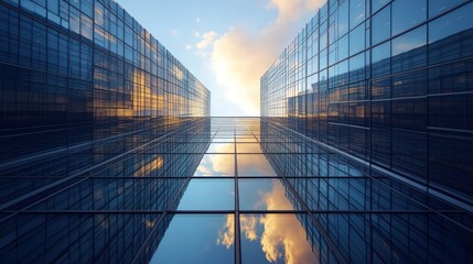 Low angle view of two glass skyscrapers with reflections of clouds and sky at sunset.