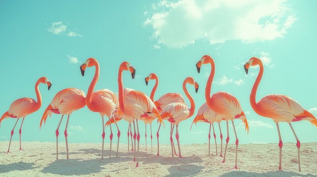 Group of flamingos on a sandy beach and bright blue sky