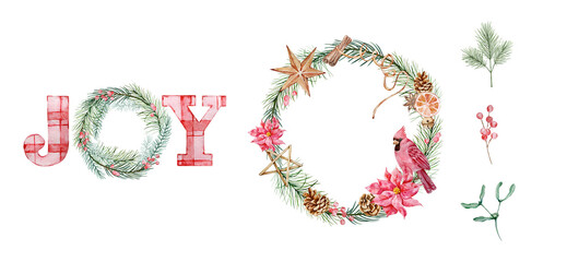 Watercolor Christmas compositions set with winter greenery