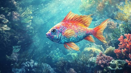 Fototapeta premium A vibrant goldfish swimming gracefully amidst colorful coral reefs.